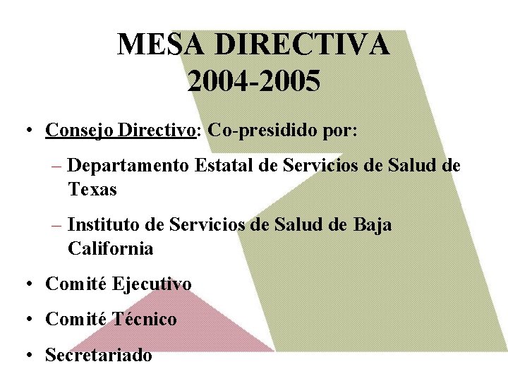 MESA DIRECTIVA 2004 -2005 • Consejo Directivo: Co-presidido por: – Departamento Estatal de Servicios