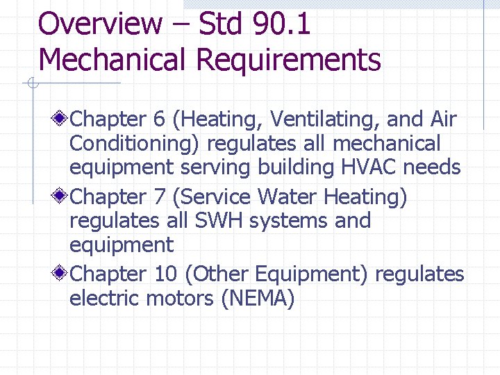 Overview – Std 90. 1 Mechanical Requirements Chapter 6 (Heating, Ventilating, and Air Conditioning)