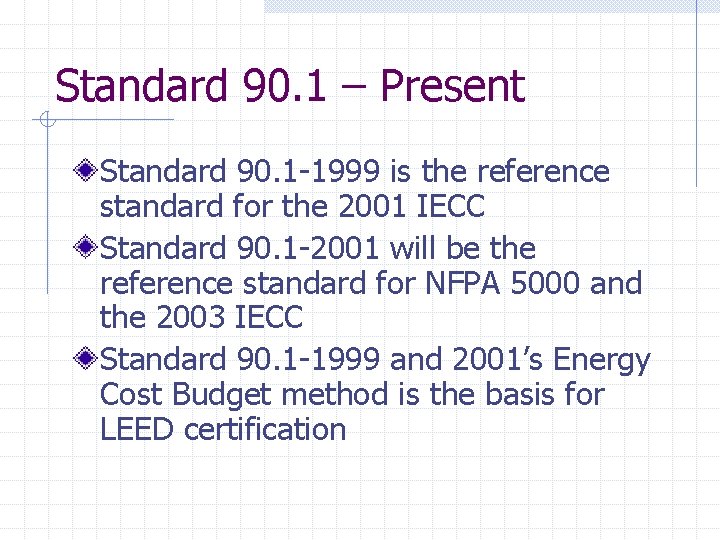 Standard 90. 1 – Present Standard 90. 1 -1999 is the reference standard for