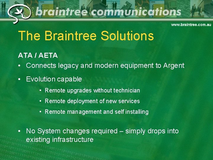 The Braintree Solutions ATA / AETA • Connects legacy and modern equipment to Argent
