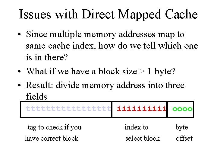 Issues with Direct Mapped Cache • Since multiple memory addresses map to same cache