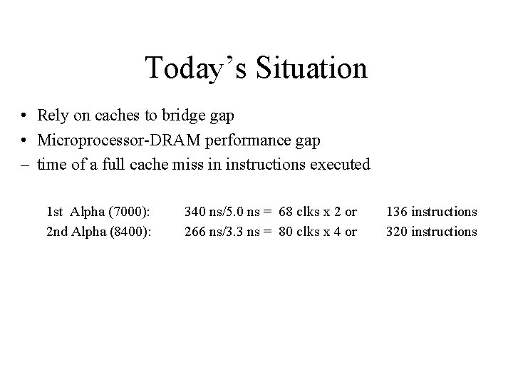 Today’s Situation • Rely on caches to bridge gap • Microprocessor-DRAM performance gap –