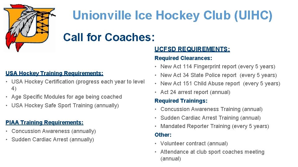 Unionville Ice Hockey Club (UIHC) Call for Coaches: UCFSD REQUIREMENTS: Required Clearances: USA Hockey