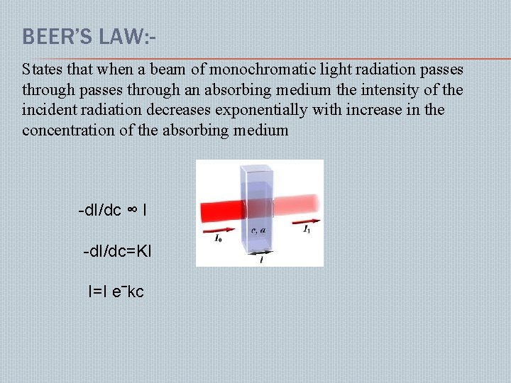 BEER’S LAW: States that when a beam of monochromatic light radiation passes through an