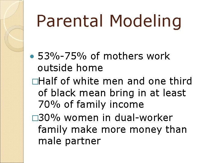 Parental Modeling • 53%-75% of mothers work outside home �Half of white men and