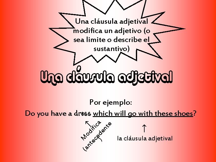 Una cláusula adjetival modifica un adjetivo (o sea limite o describe el sustantivo) Una