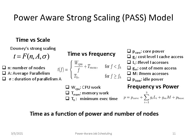 Power Aware Strong Scaling (PASS) Model Time vs Scale Downey’s strong scaling Time vs