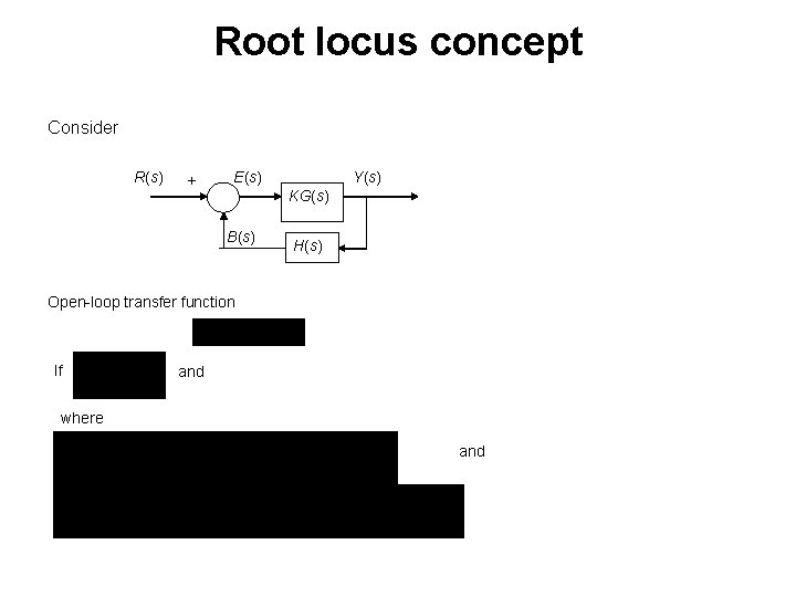 Root locus concept Consider R(s) + E(s) Y(s) KG(s) B(s) H(s) Open-loop transfer function