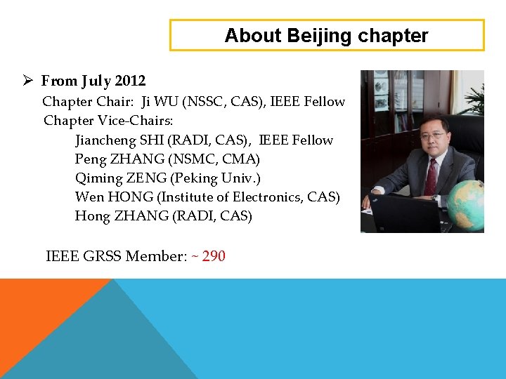 About Beijing chapter Ø From July 2012 Chapter Chair: Ji WU (NSSC, CAS), IEEE