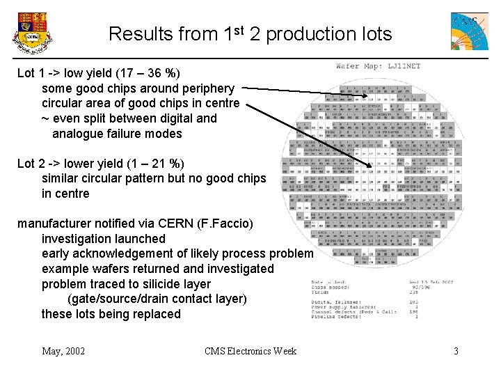 Results from 1 st 2 production lots Lot 1 -> low yield (17 –