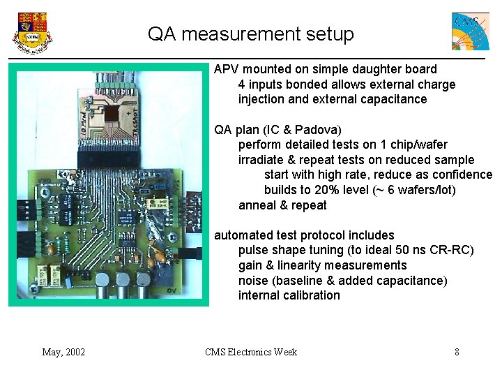 QA measurement setup APV mounted on simple daughter board 4 inputs bonded allows external