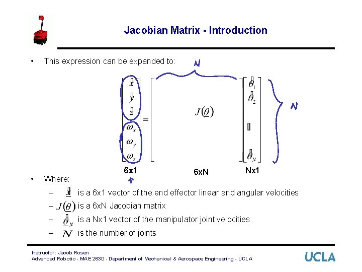 Jacobian Matrix - Introduction • • This expression can be expanded to: Where: 6