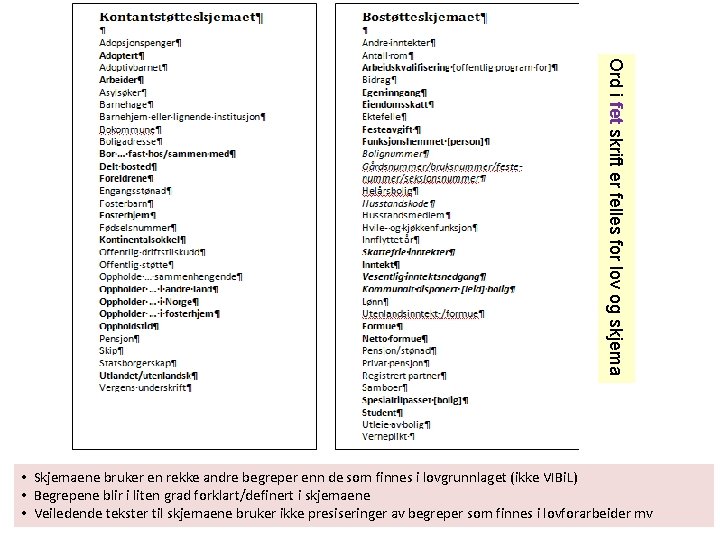 Ord i fet skrift er felles for lov og skjema • Skjemaene bruker en