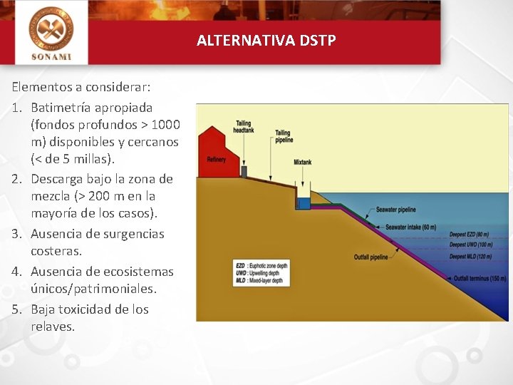 ALTERNATIVA DSTP Elementos a considerar: 1. Batimetría apropiada (fondos profundos > 1000 m) disponibles