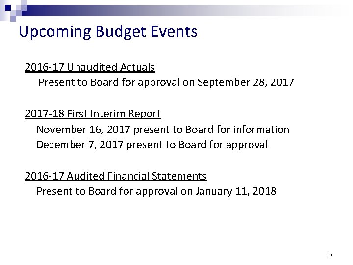 Upcoming Budget Events 2016 -17 Unaudited Actuals Present to Board for approval on September