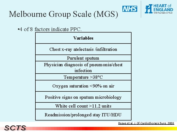 Melbourne Group Scale (MGS) • 4 of 8 factors indicate PPC. Variables Chest x-ray