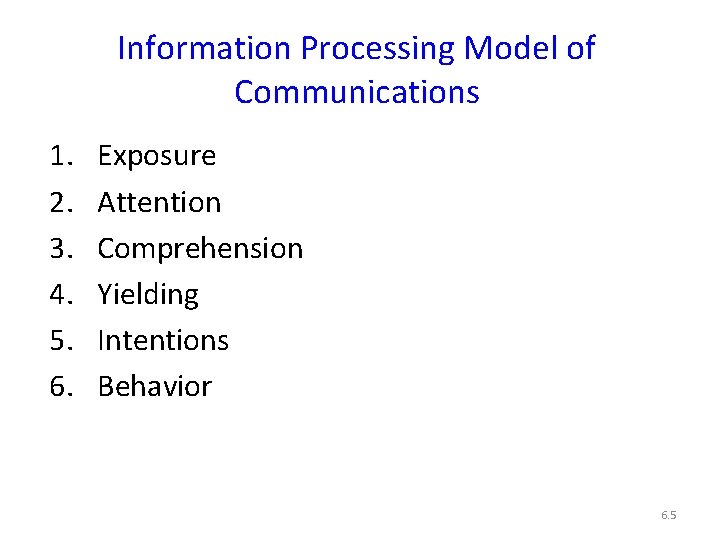 Information Processing Model of Communications 1. 2. 3. 4. 5. 6. Exposure Attention Comprehension