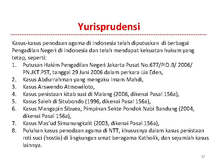 Yurisprudensi Kasus-kasus penodaan agama di Indonesia telah diputuskan di berbagai Pengadilan Negeri di Indonesia