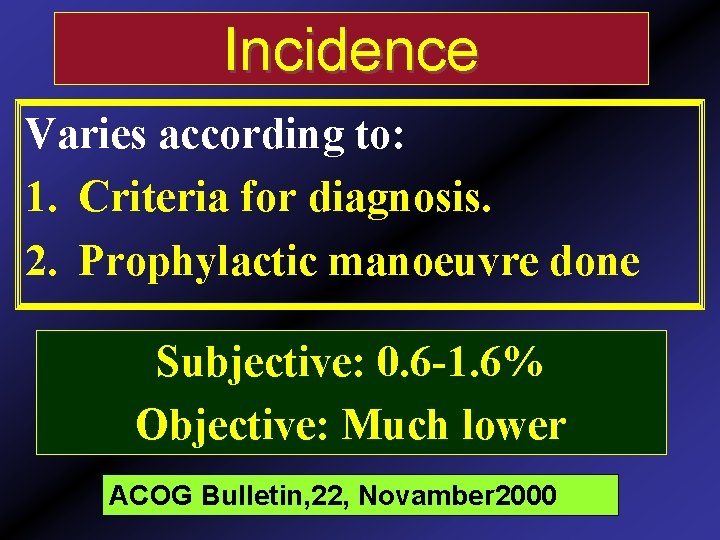 Incidence Varies according to: 1. Criteria for diagnosis. 2. Prophylactic manoeuvre done Subjective: 0.