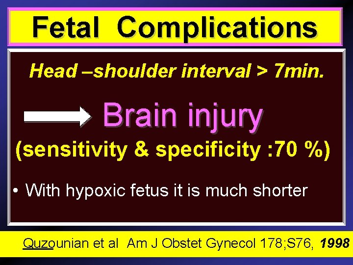 Fetal Complications Release techniques Head –shoulder interval > 7 min. Brain injury (sensitivity &