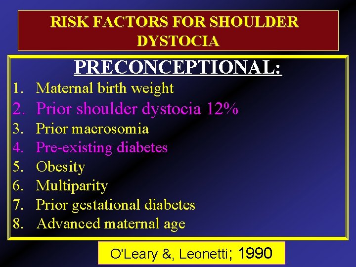 RISK FACTORS FOR SHOULDER DYSTOCIA PRECONCEPTIONAL: 1. Maternal birth weight 2. Prior shoulder dystocia