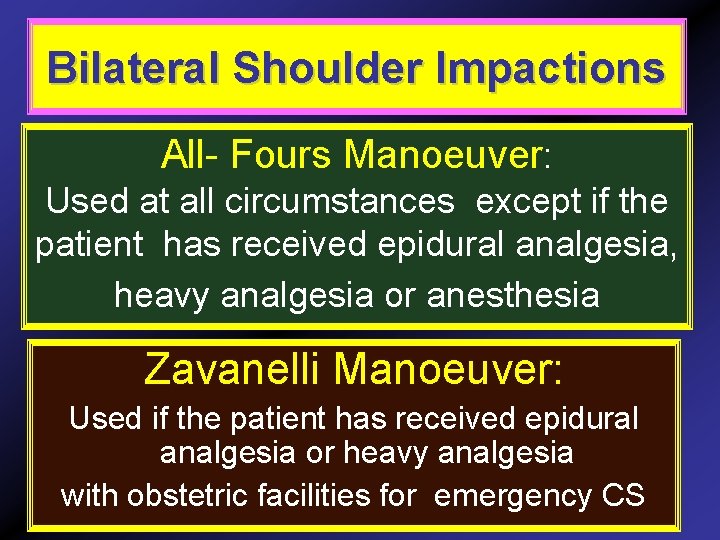 Bilateral Shoulder Impactions All- Fours Manoeuver: Used at all circumstances except if the patient