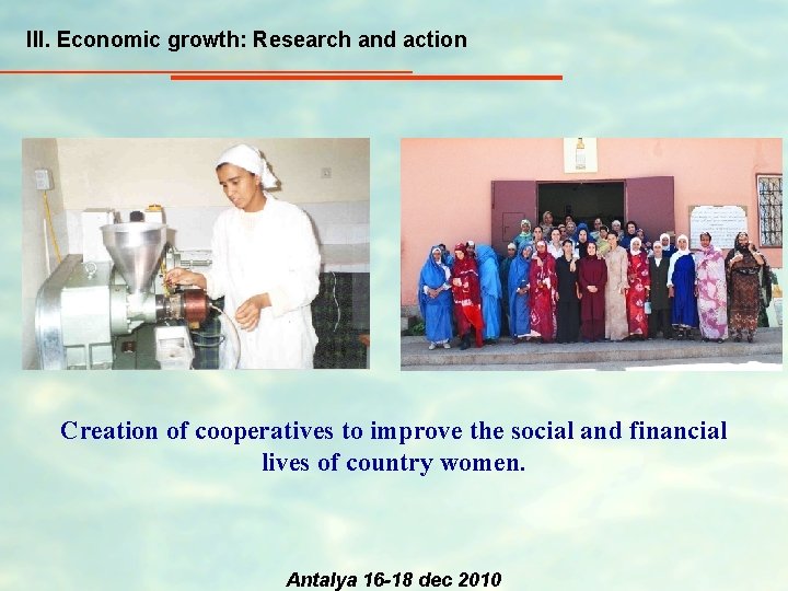 III. Economic growth: Research and action Creation of cooperatives to improve the social and