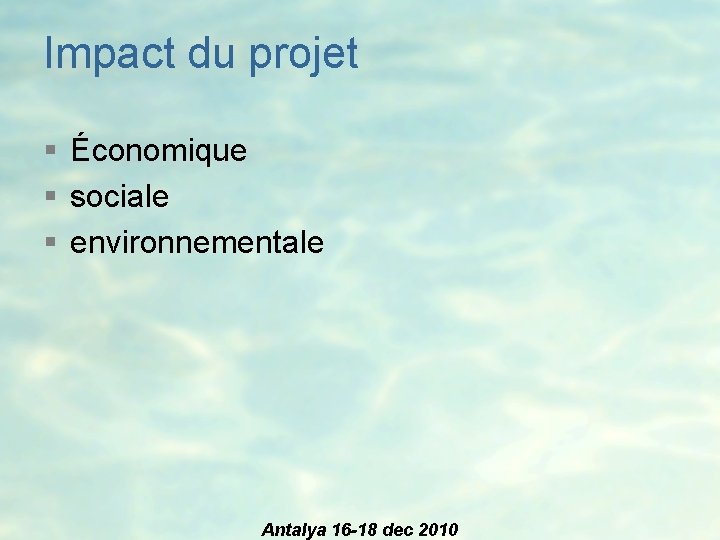 Impact du projet § Économique § sociale § environnementale Antalya 16 -18 dec 2010