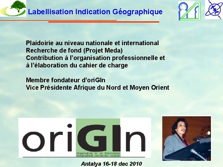 Labellisation Indication Géographique Plaidoirie au niveau nationale et international Recherche de fond (Projet Meda)