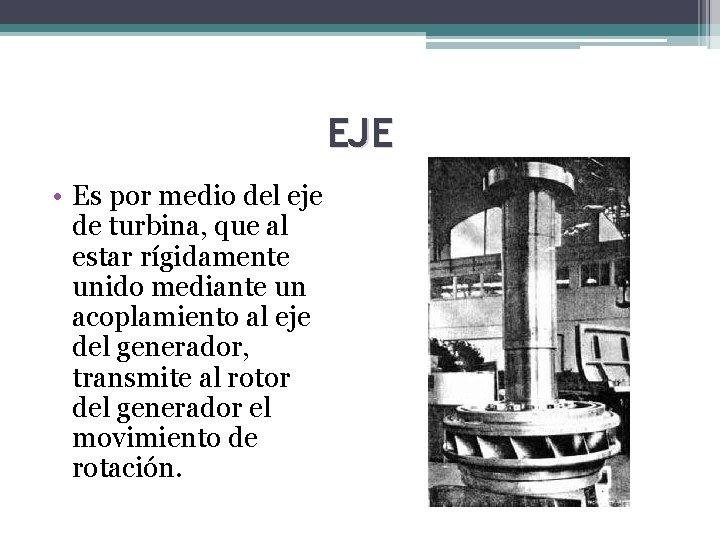 EJE • Es por medio del eje de turbina, que al estar rígidamente unido