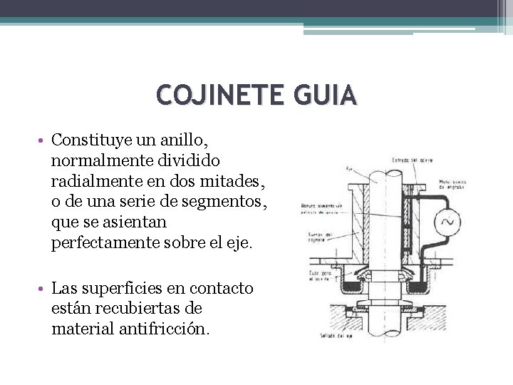 COJINETE GUIA • Constituye un anillo, normalmente dividido radialmente en dos mitades, o de