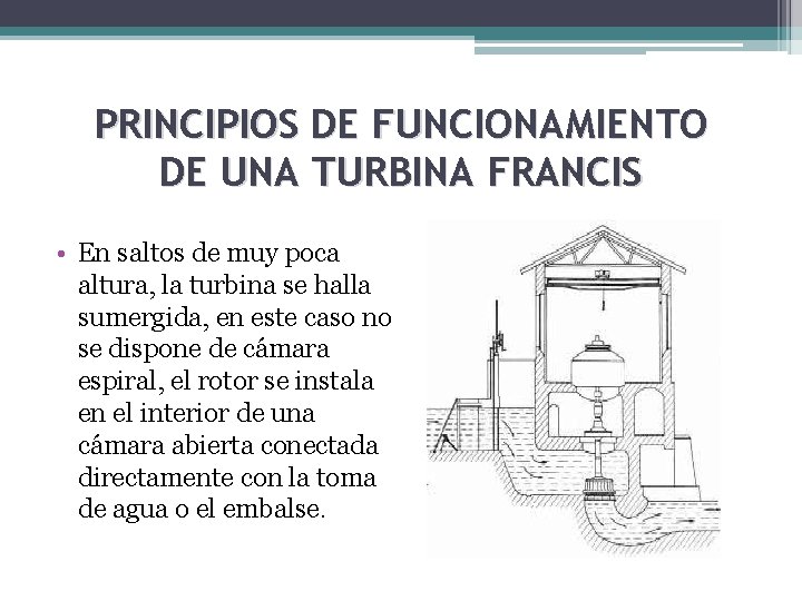 PRINCIPIOS DE FUNCIONAMIENTO DE UNA TURBINA FRANCIS • En saltos de muy poca altura,