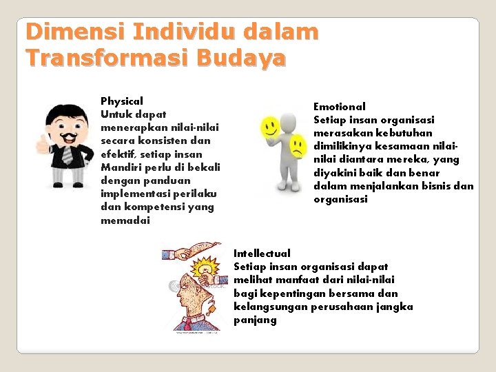 Dimensi Individu dalam Transformasi Budaya Physical Untuk dapat menerapkan nilai-nilai secara konsisten dan efektif,