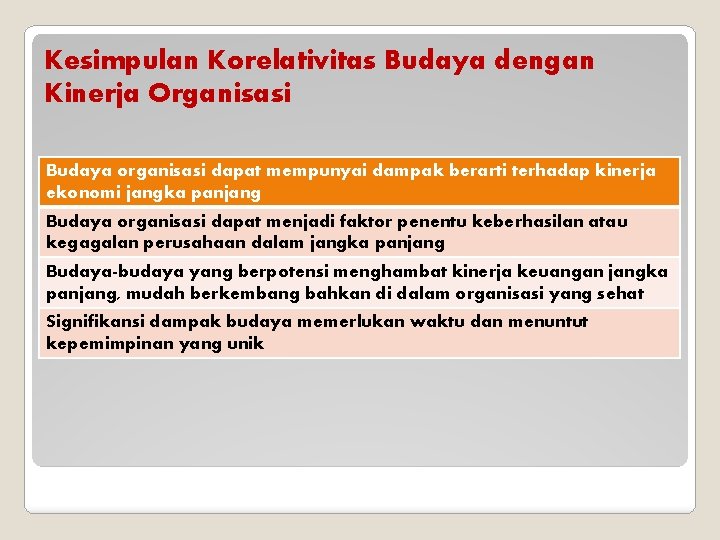 Kesimpulan Korelativitas Budaya dengan Kinerja Organisasi Budaya organisasi dapat mempunyai dampak berarti terhadap kinerja