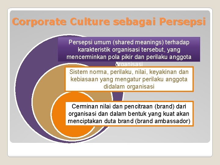 Corporate Culture sebagai Persepsi umum (shared meanings) terhadap karakteristik organisasi tersebut, yang mencerminkan pola