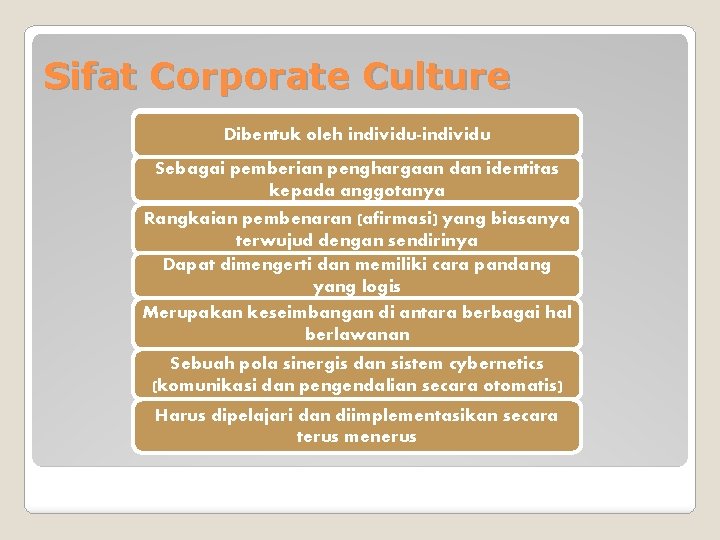 Sifat Corporate Culture Dibentukoleh individu-individu Dibentuk Sebagai pemberian penghargaan dan identitas Sebagai pemberian penghargaan