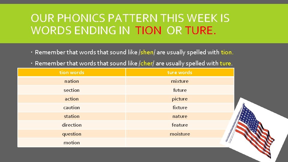 OUR PHONICS PATTERN THIS WEEK IS WORDS ENDING IN TION OR TURE. Remember that