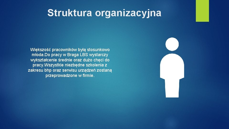 Struktura organizacyjna Większość pracowników byłą stosunkowo młoda. Do pracy w Braga LBS wystarczy wykształcenie