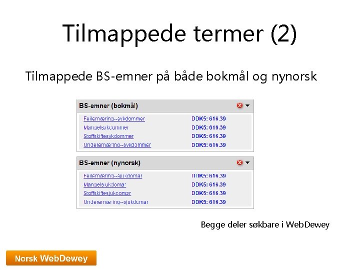 Tilmappede termer (2) Tilmappede BS-emner på både bokmål og nynorsk Begge deler søkbare i