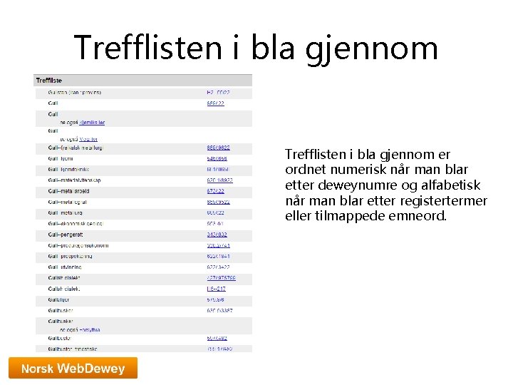 Trefflisten i bla gjennom er ordnet numerisk når man blar etter deweynumre og alfabetisk