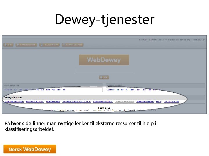 Dewey-tjenester På hver side finner man nyttige lenker til eksterne ressurser til hjelp i