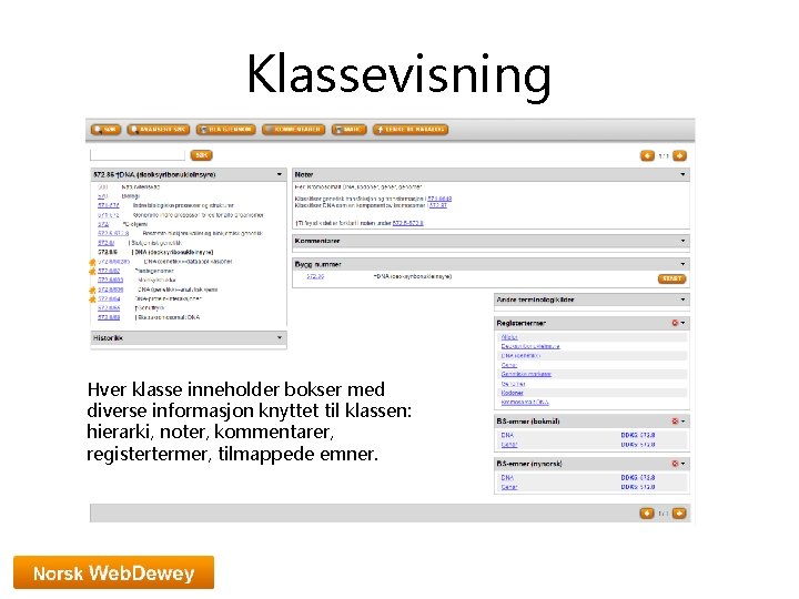 Klassevisning Hver klasse inneholder bokser med diverse informasjon knyttet til klassen: hierarki, noter, kommentarer,