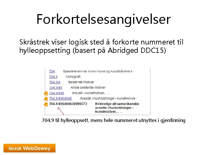 Forkortelsesangivelser Skråstrek viser logisk sted å forkorte nummeret til hylleoppsetting (basert på Abridged DDC