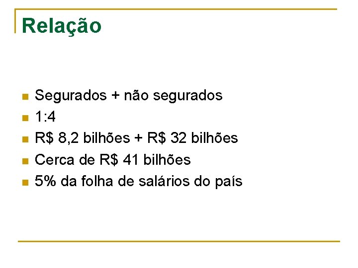 Relação n n n Segurados + não segurados 1: 4 R$ 8, 2 bilhões