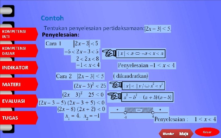Contoh KOMPETENSI INTI Tentukan penyelesaian pertidaksamaan: Penyelesaian: KOMPETENSI DASAR INDIKATOR MATERI EVALUASI TUGAS Mundur