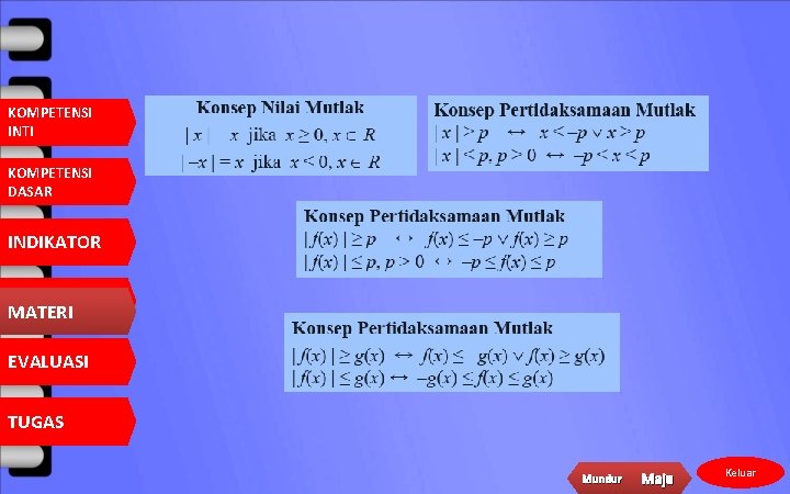 KOMPETENSI INTI KOMPETENSI DASAR INDIKATOR MATERI EVALUASI TUGAS Mundur Maju Keluar 