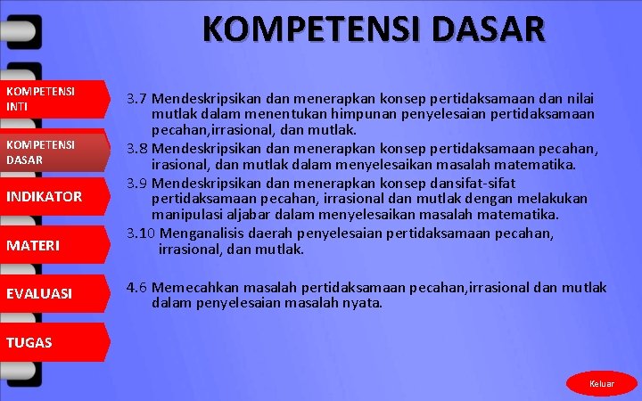 KOMPETENSI DASAR KOMPETENSI INTI KOMPETENSI DASAR INDIKATOR MATERI EVALUASI 3. 7 Mendeskripsikan dan menerapkan