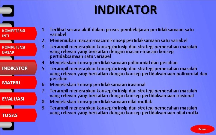 INDIKATOR KOMPETENSI INTI KOMPETENSI DASAR INDIKATOR MATERI EVALUASI TUGAS 1. Terlibat secara aktif dalam