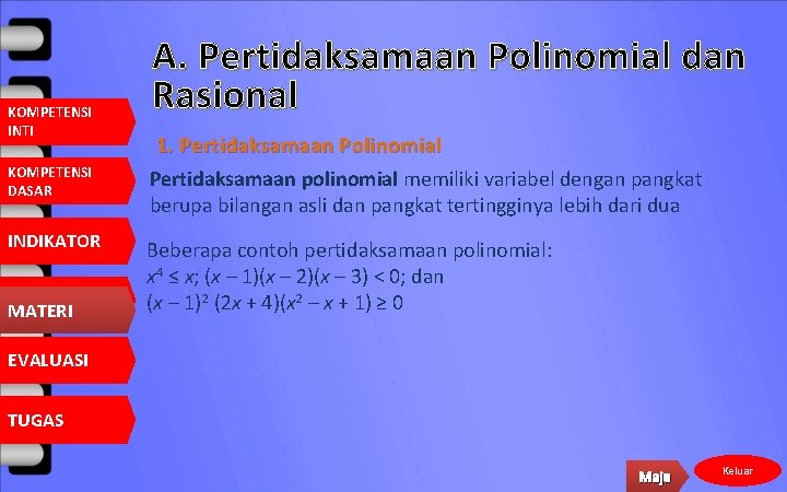 KOMPETENSI INTI KOMPETENSI DASAR INDIKATOR MATERI A. Pertidaksamaan Polinomial dan Rasional 1. Pertidaksamaan Polinomial