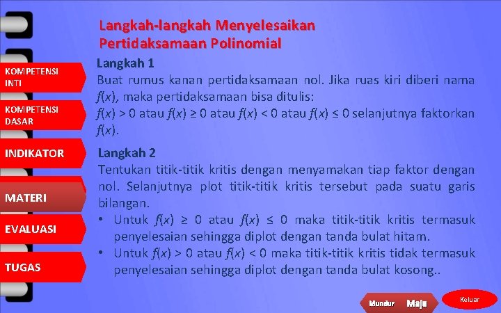 Langkah-langkah Menyelesaikan Pertidaksamaan Polinomial KOMPETENSI INTI KOMPETENSI DASAR INDIKATOR MATERI EVALUASI TUGAS Langkah 1